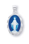 Sterling Silver Light Blue Cameo Miraculous Medal made in Italy of bas-relief blue and white Capodimonte porcelain. Encased in a 3/4" sterling silver Italian (twirled rope) frame with a bale for an 18" Rhodium plated curb chain in a deluxe velour gift box.