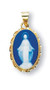 Dark Blue Cameo Miraculous Medal with Gold over Sterling Rope Frame. Gold Over Sterling Silver Cameo Miraculous Medal made in Italy of bas-relief blue and white Capodimonte porcelain. Encased in a 3/4" gold plated sterling silver Italian (twirled rope) frame with a bale for an 18" gold plated curb chain in a deluxe velour gift box. 