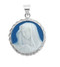 Sterling Silver Our Lady of Sorrows Cameo Medal made in Italy of bas-relief blue and white Capodimonte porcelain. Encased in a 15/16" sterling silver Italian (twirled rope) frame with a bale for an 18" rhodium plated endless curb chain in a deluxe velour gift box.