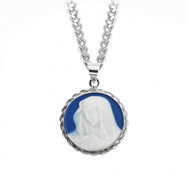 Sterling Silver Our Lady of Sorrows Cameo Medal made in Italy of bas-relief blue and white Capodimonte porcelain. Encased in a 15/16" sterling silver Italian (twirled rope) frame with a bale for an 18" rhodium plated endless curb chain in a deluxe velour gift box.