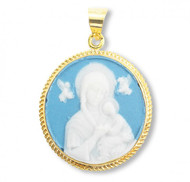 Gold Over Sterling Silver Our Lady of Perpetual Help Cameo made in Italy of bas-relief blue and white Capodimonte porcelain. Encased in a 1" gold plated sterling silver Italian ( turned rope) frame with a bale for a 20" gold plated curb chain in a deluxe velour gift box.
