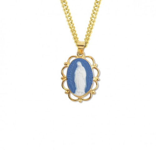 16K Gold Over Sterling Silver Our Lady of Guadalupe Dark Blue Cameo made in Italy of bas-relief blue and white Capodimonte porcelain. Encased in a 18" gold plated sterling silver Italian filigree frame with a bale for an 1" gold plated curb chain in a deluxe velour gift box.