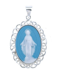 1-3/4" Light Blue Capodimonte Cameo Miraculous Medal made in Italy of bas-relief blue and white Capodimonte porcelain. Encased in a 1-3/4" sterling silver Italian (weaved filigree) frame with a bale for a 24" Rhodium plated endless curb chain in a deluxe velour gift box.