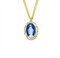 Gold over Sterling Silver Cameo Miraculous Medal made in Italy of bas-relief blue and white Capodimonte porcelain. Encased in a 1" sterling silver Italian filigree beaded frame with a bale for an 18" Rhodium plated curb chain in a deluxe velour gift box.