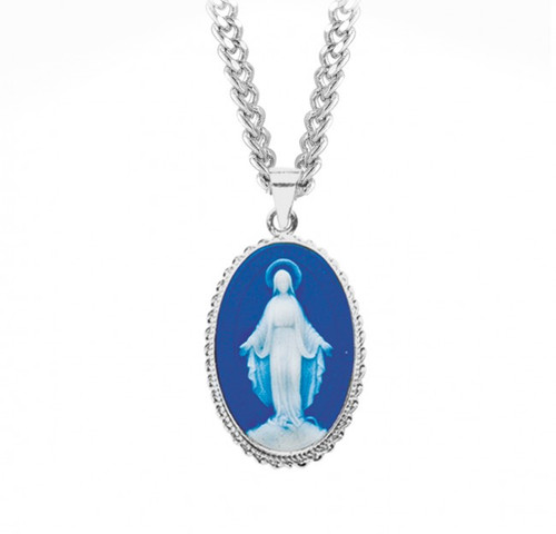Sterling Silver Cameo Miraculous Medal made in Italy of bas-relief blue and white Capodimonte porcelain. Encased in a 1-3/8" sterling silver Italian ( turned rope) frame with a bale for an 24" Rhodium plated endless curb chain in a deluxe velour gift box.