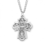 Four-way combination Medal, Miraculous-Scapular-Saint Christopher-Saint Joseph medals.  Solid .925 sterling silver. Dimensions: 1.2" x 0.9" (31mm x 23mm). 24" Genuine rhodium plated endless curb chain. Deluxe velvet gift box.Made in USA.