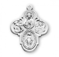 1-1/8" Sterling Silver 4-Way Medal.  The Cross shaped Medal is adorned with St. Christopher, St. Joseph, Sacred Heart of Jesus, and the Miraculous Medal. Solid .925 sterling silver.  Dimensions: 1.1" x 0.8" (28mm x 21mm).  A 24" Rhodium Plated Curb Chain is Included with a Deluxe Velour Gift Box.  Made in the USA.
