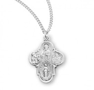 Sterling silver Four-way combination Medal ~ Miraculous-Scapular-Saint Christopher-Saint Joseph medals. 18" Rhodium Plated Curb Chain is Included with a Deluxe Velour Gift Box. Dimensions: 0.8" x 0.6" (21mm x 16mm).  Made in the USA. 