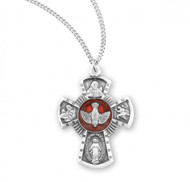 Sterling Silver Red Enameled Holy Spirit 4-Way Combination Medal ~  Miraculous-Scapular-Saint Christopher-Saint Joseph medals. Solid .925 sterling silver. Dimensions: 0.9" x 0.7" (24mm x 18mm).  18" Genuine rhodium plated curb chain. Deluxe velvet gift box. Made in USA.