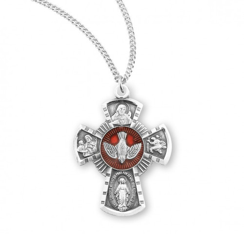 Sterling Silver Red Enameled Holy Spirit 4-Way Combination Medal ~  Miraculous-Scapular-Saint Christopher-Saint Joseph medals. Solid .925 sterling silver. Dimensions: 0.9" x 0.7" (24mm x 18mm).  18" Genuine rhodium plated curb chain. Deluxe velvet gift box. Made in USA.