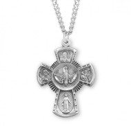 Sterling Silver  Holy Spirit Four-way combination Medal ~ Miraculous-Scapular-Saint Christopher-Saint Joseph medals. Solid .925 sterling silver. Dimensions: 1.2" x 0.9" (31mm x 23mm). 24" Genuine rhodium plated endless curb chain. Deluxe velvet gift box. Made in USA.