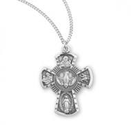 Holy Spirit Sterling Silver 4 Way Medal. Four-way combination Medal, Miraculous-Scapular-Saint Christopher-Saint Joseph medals.  Dimensions: 0.9" x 0.7" (24mm x 18mm). 18" Genuine rhodium plated curb chain.  Deluxe velvet gift box. Made in USA.