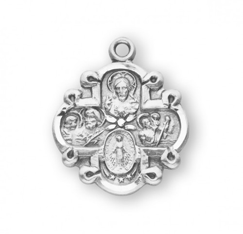 Solid .925 sterling silver  Four-way combination Medal ~ Miraculous-Scapular-Saint Christopher-Saint Joseph medal.  An 18" rhodium plated curb chain is included with a deluxe velour gift box. Dimensions: 0.8" x 0.6" (19mm x 16mm). Made in the USA.