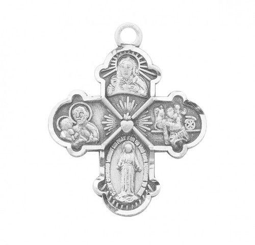 Sterling Silver 4-Way Medal Made in the USA. The Cross shaped medal is adorned with St. Christopher , St. Joseph, & Sacred Heart of Jesus and the Miraculous Medal. A 16" rhodium plated curb chain is included.  Medal and chain come in a  deluxe velour gift box. Dimensions: 0.6" x 0.5" (15mm x 13mm). Weight of medal: 1.2 Grams. Made in the USA. 