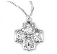 Solid .925 sterling silver Four-way combination Medal ~ Miraculous-Scapular-Saint Christopher-Saint Joseph medal. A 20" genuine rhodium plated curb chain is included. Dimensions: 0.9" x 0.7" (23mm x 19mm). Medal comes with a deluxe velour gift box. Made in USA.