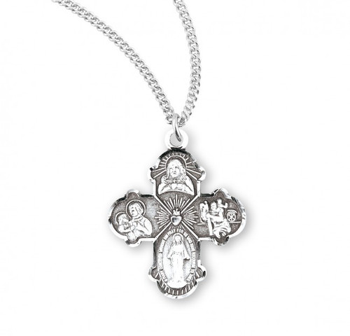 Sterling Silver or Gold Plate over Sterlling Silver 4-Way Double Sided Pendant.    The 4-Way Double Sided Pendant is adorned with St. Christopher, St. Joseph, Sacred Heart of Jesus, a Miraculous Medal and a Holy Spirit.  An 18" rhodium plated curb chain is Included with a deluxe velour gift box. Dimensions of medal: 1.1" x 0.5" (27mm x 13mm). Weight of medal: 1.2 Grams. Made in the USA.