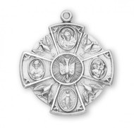 Solid .925 sterling silver Four-way combination Medal, Miraculous-Scapular-Saint Christopher-Saint Joseph medal.  Dimensions: 1.2" x 1.1" (31mm x 28mm). 24" Genuine rhodium plated endless curb chain.  Deluxe velvet gift box.  Made in USA.