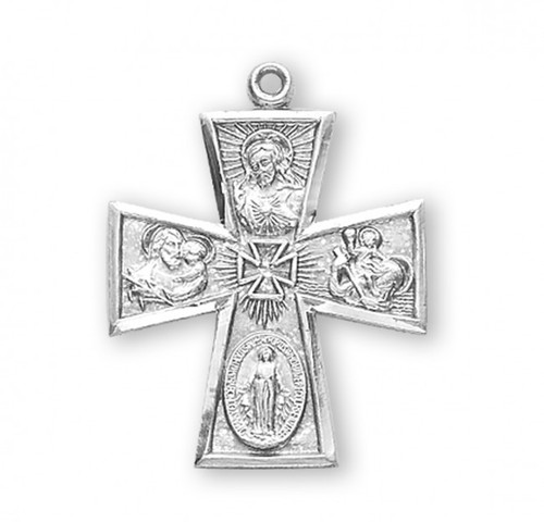 Solid .925 sterling silver Four-way combination Medal, Miraculous-Scapular-Saint Christopher-Saint Joseph medal.  Dimensions: 1.2" x 0.9" (30mm x 23mm). 24" Genuine rhodium plated endless curb chain.  Deluxe velvet gift box. Made in USA.