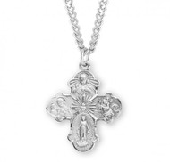 Sterling Silver 4-Way Four-way Combination Medal ~ Images are the Miraculous-Scapular-Saint Christopher-Saint Joseph. The 4 Way medal comes on a  24" Rhodium plated chain.  Included with a deluxe velour gift box. Dimensions: 1.1" x 0.9" (27mm x 22mm).  Made in the USA.