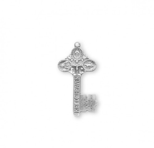 .925 Sterling Silver Key of Heaven Pendant The key shaped medal is adorned with Sacred Heart of Jesus, a Miraculous Medal and a IHS. The reverse side of the medal portrays the Saints. An 18" genuine rhodium plated curb chain is included with a deluxe velour gift box. Dimensions: 1.4" x 0.7" (36mm x 18mm). Weight of medal: 2.9 Grams. Made in USA.