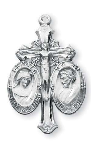 Sterling Silver Jesus-Mary Joseph Medal The uniquely shaped medal is adorned with St. Joseph, a Crucifix and the Blessed Mother. The words "Behold Thy Mother and Go to Joseph" are written around each medal.  A 24" rhodium plated curb chain is included with a deluxe velour gift box.  Made in the USA.