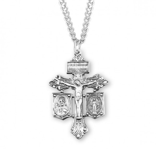 1 3/8" Sterling Silver Pardon Crucifix Combination Medal, Scapular,  Jesus, Mary & St. Joseph Crucifix. Crucifix comes on a 24" genuine rhodium chain in a deluxe velour gift box. Dimensions: 1.4" x 0.9" (35mm x 23mm). Weight of medal: 4.3 Grams. Made in the USA