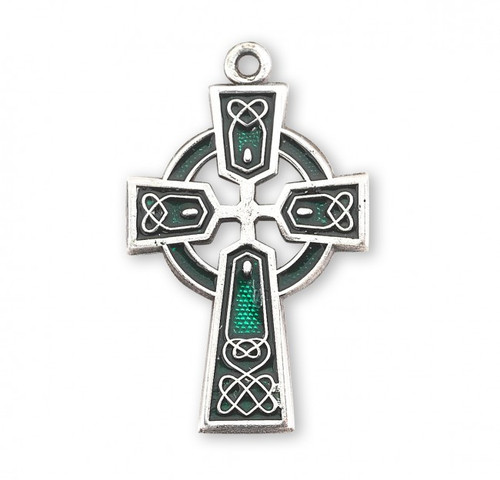 Sterling Silver Celtic Cross with Green Enamel comes with a 18" genuine rhodium plated chain in a deluxe velour gift box. Dimensions: 0.9" x 0.6" (23mm x 14mm). Made in USA. 