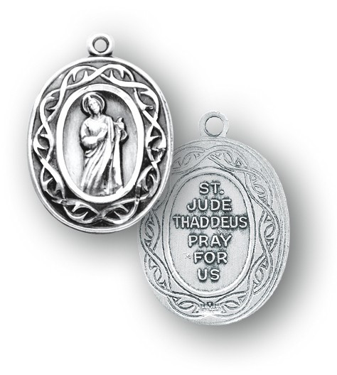 15/16 inch sterling silver St. Jude medal. Medal comes with a genuine rhodium plated 18 inch curb chain. Medal presents in a deluxe velour gift box. Made in the USA