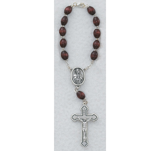 6 x 8mm Carded Sacred Heart Brown auto rosary with silver ox crucifix and center.