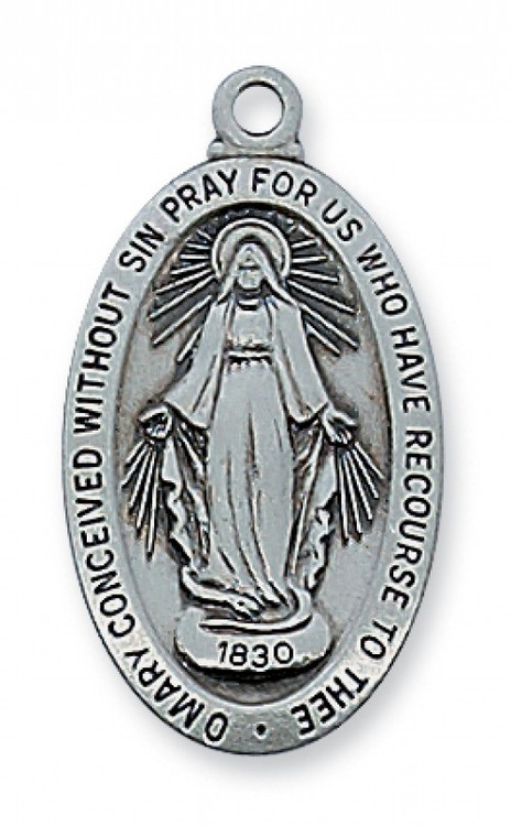 1" x 1/2" satin silver finished pewter miraculous medal pendant with 18 inch rhodium chain and a giftbox