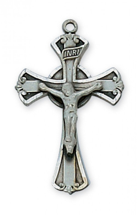 1" x 5/8" Pewter plated pewter crucifix with 18 inch rhodium plated chain and gift box.