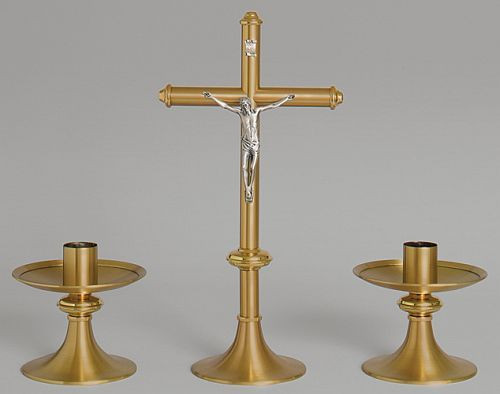 16" tall with INRI, 5" Corpus, 5.5" Diameter Base, satin bronze finish with polished accents. Matching candle holders (1961) ~ 4.5" tall to bobeche lip, 6" bobeche, 5.5" diameter base, 1.5" sockets standard, satin bronze finish with polished accents. 1960SET includes the cross and the candle holder pair.