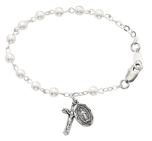 5 1/2" Baby Bracelet with 4mm Glass Pearl Beads. Choose Sterling Silver or Rhodium Plated  Miraculous Medal and Crucifix.