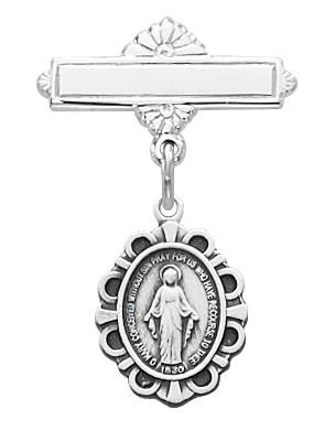Sterling Silver Miraculous Baby Pin/Pendant with Scalloped Edging. Sized for a baby. Perfect for baptism gift! Miraculous Medal Bar Pin comes in a deluxe  gift box. Engraving available. Made in the USA.  10 LETTER MINIMUM