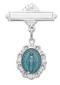 Sterling Silver Miraculous Baby Pin/Pendant with Scalloped Edging and blue enameled Miraculous Medal. Sized for a baby. Perfect for baptism gift! Miraculous Medal Bar Pin comes in a deluxe  gift box. Engraving available. Made in the USA. 10 LETTER MINIMUM