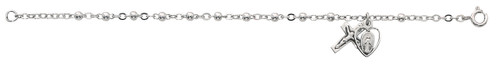 3mm all sterling silver bracelet with sterling silver beads, cross, and crucifix. Sterling Silver bracelet comes in a deluxe gift box. Length: 6 1/2 inches