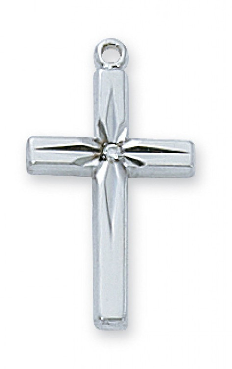 Sterling Silver CZ Cross with 18" Rhodium Plated Chain. Length: 13/16". Deluxe Gift Box Included.