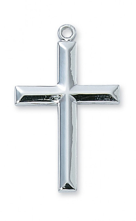 Sterling Silver Cross with 24 inch rhodium plated chain. Beveled edges. Length: 1 1/4".