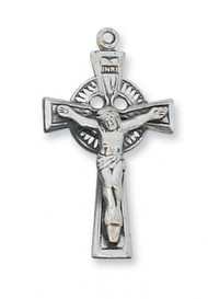 1  2/16" Sterling silver crucifix. Crucifix comes with an 18"  rhodium chain. Crucifix presents in a deluxe gift box. 