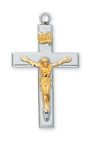 1 1/4" Tutone Sterling Silver Crucifix Pendant. Two tone Crucifix comes on an 18" rhodium chain.  A deluxe gift box is included. 