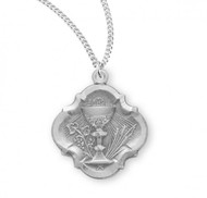 3/4" Sterling Silver baroque Style Chalice Pendant. Baroque style pendant comes on an 18" genuine rhodium plated curb chain. A deluxe velour gift box is included. Dimensions: 0.7" x 0.6" (19mm x 16mm).   Made in USA.
