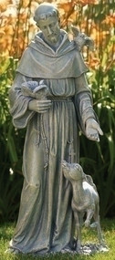 36.5" Saint Francis with Deer Statue. Resin/Stone Mix. Dimensions: 36.5"H x 16.5"W x 13.5"D. Weight: 25lbs