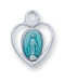 Sterling Silver Blue Enameled  Miraculous Medal in Heart.  Medal comes on a 16" genuine rhodium plated curb chain. Dimensions: 0.6" x 0.4" (14mm x 11mm). Weight of medal: 1.0 Grams. Pendant presents in a deluxe velour gift box. Made in USA.