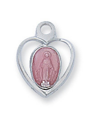 Sterling Silver Pink Enameled  Miraculous Medal in Heart.  Medal comes on a 16" genuine rhodium plated curb chain. Dimensions: 0.6" x 0.4" (14mm x 11mm). Weight of medal: 1.0 Grams. Pendant presents in a deluxe velour gift box. Made in USA.