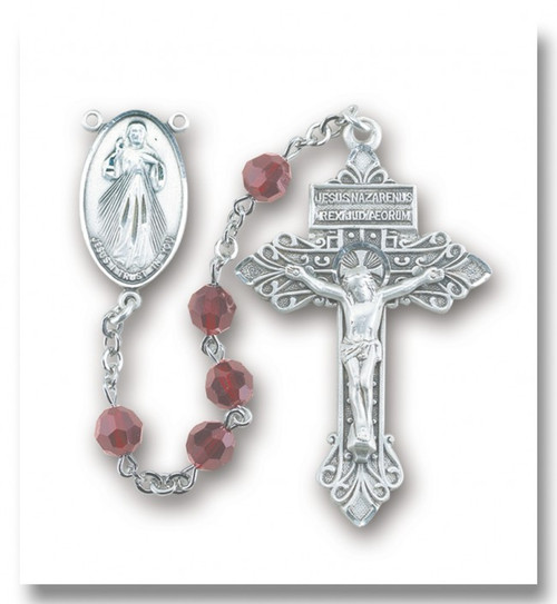 Garnet Swarovski Crystal Divine Mercy Rosary. 6mm Garnet crystal faceted round beads. Exclusive designed 2" Pardon crucifix in sterling silver.  Deluxe velvet box.  Made in the USA.