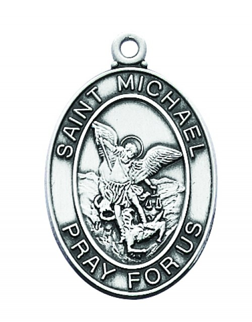 Sterling Silver Saint Michael the Archangel Oval Medal . St Michael Medal comes on a 24" rhodium chain in a deluxe velour gift box. Length: 1-1/16".