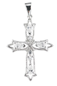 Sterling Silver Cubic Zircon Cross Pendant ~ Sterling silver cross with 7 set cubic zircons. Length: 1-1/4".  Cross comes with 18 inch rhodium plated curb chain. Deluxe gift box included.  Made in the USA