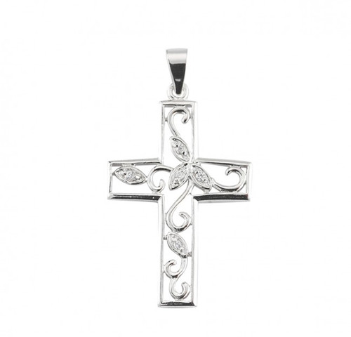 Sterling Silver Cubic Zircon Vine Cross with 5 set zircons. Cross comes on an 18 inch rhodium plated curb chain. Cross comes in a deluxe velour gift box. Made in the USA.