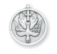 Round sterling silver holy spirit medal. Holy Spirit Medal comes with a 20" genuine rhodium plated curb chain in a deluxe velour gift box. Dimensions: 0.9"  0.8" (23mm x 21mm). Made in the USA. 