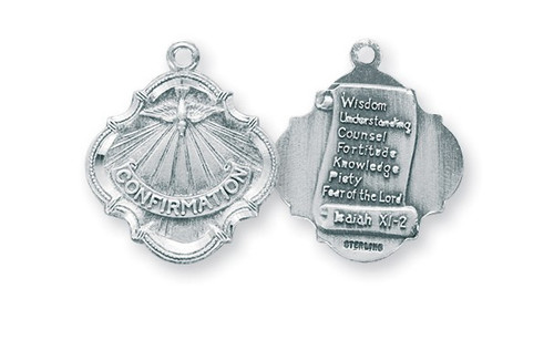 3/4" Sterling Silver Holy Spirit Confirmation Medal-Pendant. Detail depicts the Holy Spirit and the Seven Gifts of the Holy Spirit. The Holy Spirit Confirmation Medal comes on an 18" genuine rhodium plated chain. A deluxe velour gift box is included. Dimensions: 0.8" x 0.6" (19mm x 16mm). Made in USA.